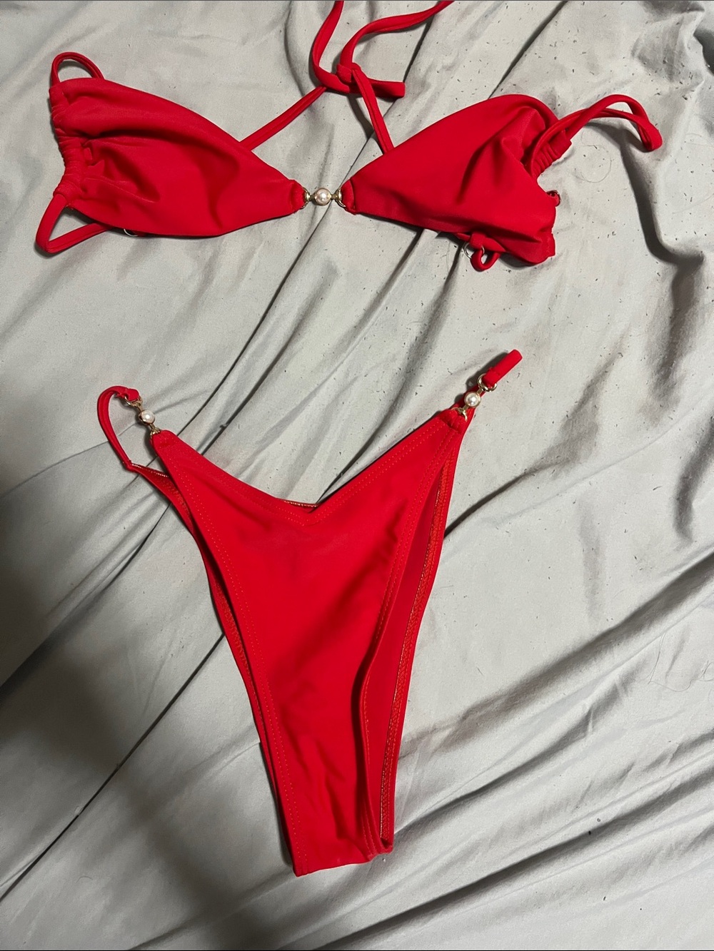 Red Triangle Bikini Set with Pearl Accents - Women's Swim